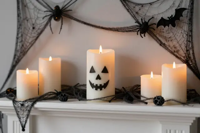 Lit candles, jack-o'-lantern decor and fake spider web decorations adorn a white fireplace mantel for Halloween