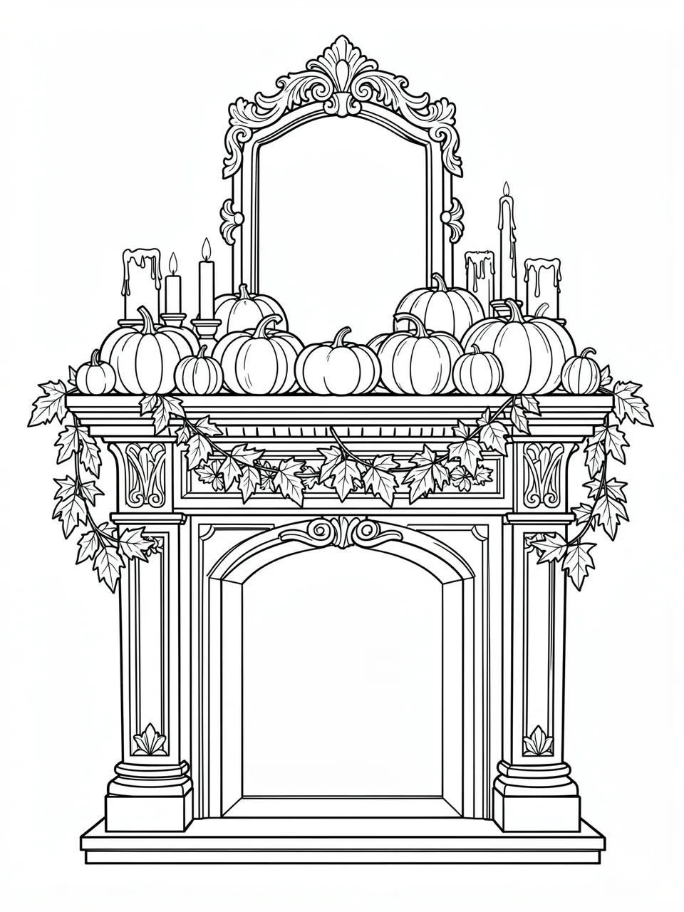 Intricate black line art of an ornate Halloween decorated fireplace mantel on a white background