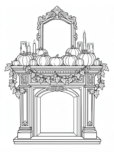 Intricate black line art of an ornate Halloween decorated fireplace mantel on a white background