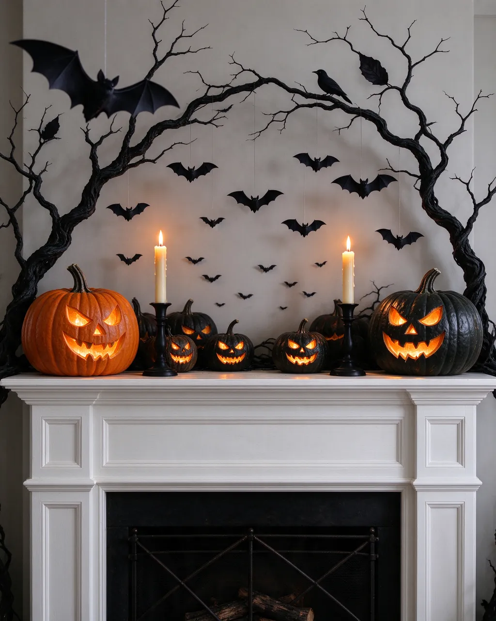 Lit carved pumpkins, taper candles, and hanging bat decorations adorn a white fireplace mantel for Halloween.
