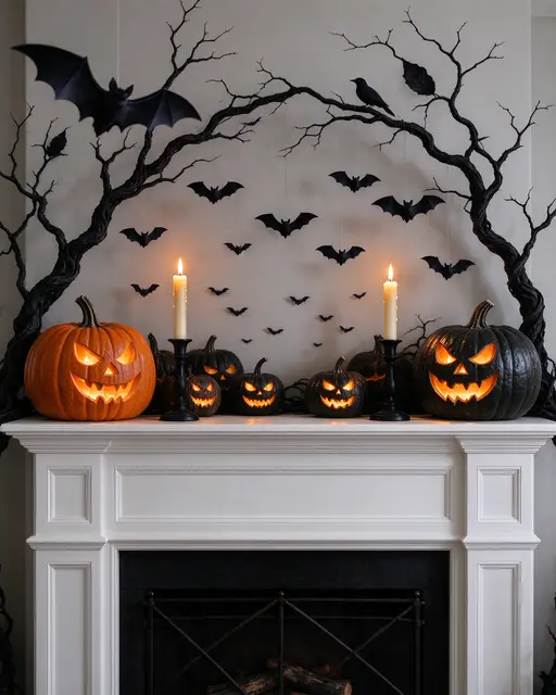 Lit carved pumpkins, taper candles, and hanging bat decorations adorn a white fireplace mantel for Halloween.