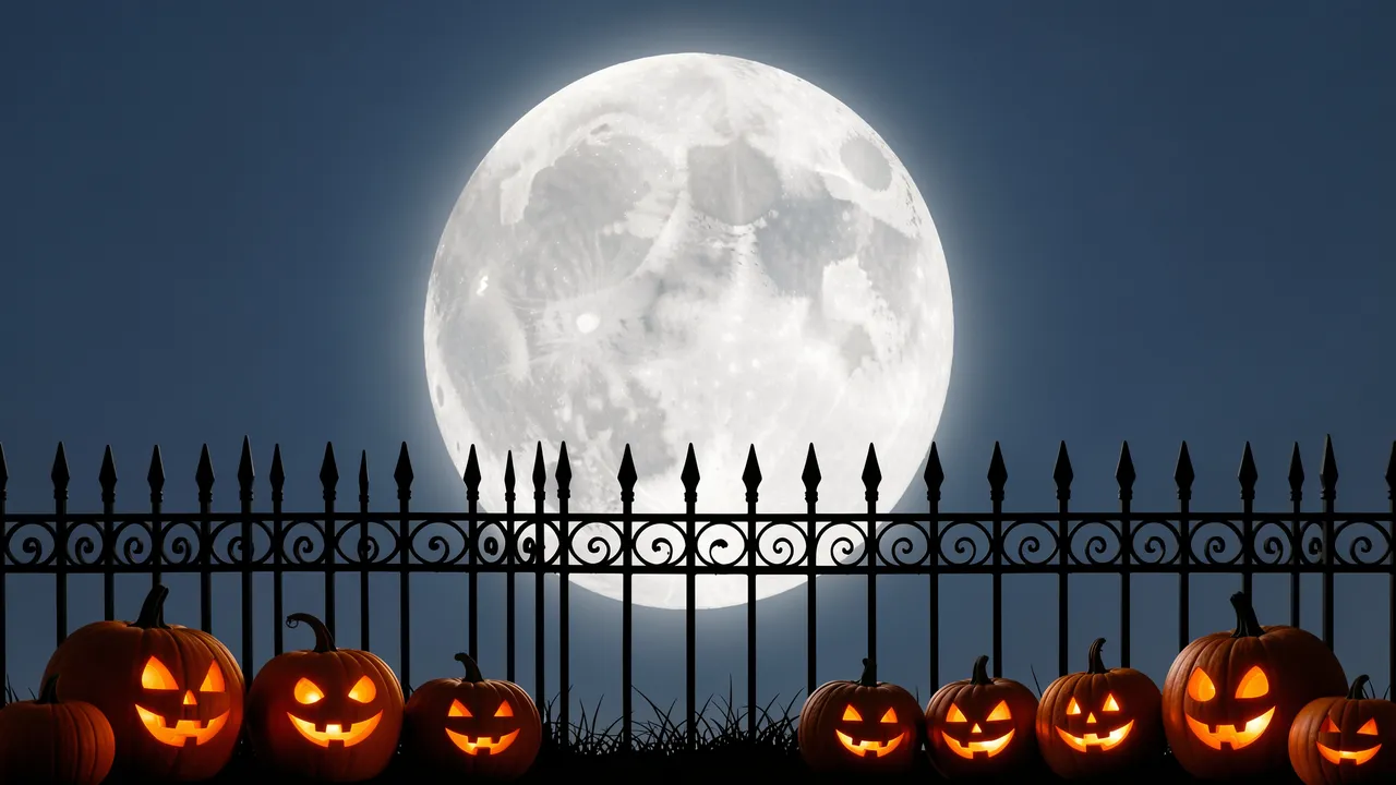 Lit jack-o'-lanterns sit along a wrought iron fence beneath a huge glowing full moon against a dark night sky
