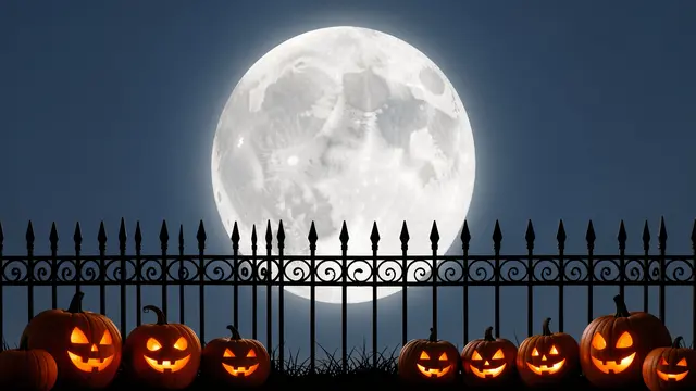 Lit jack-o'-lanterns sit along a wrought iron fence beneath a huge glowing full moon against a dark night sky