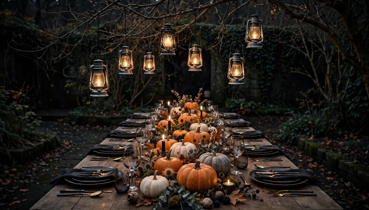 A decorated outdoor Halloween dinner table with hanging lanterns and pumpkins in a dark autumn garden