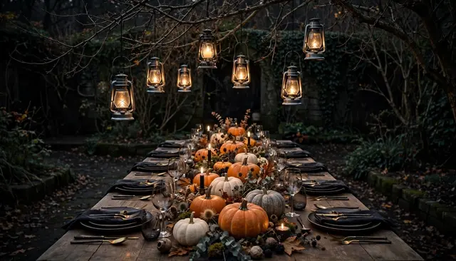 A decorated outdoor Halloween dinner table with hanging lanterns and pumpkins in a dark autumn garden