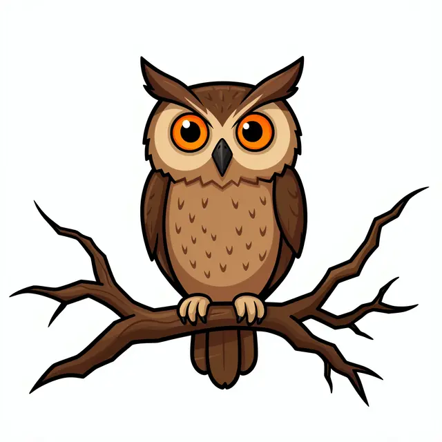 Cartoon halloween owl with bright orange eyes perched on a bare gnarled branch against a plain white background