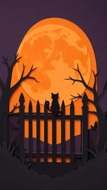 Paper-cut style vertical illustration of a black cat silhouette perched on a gate before a giant orange full moon for
