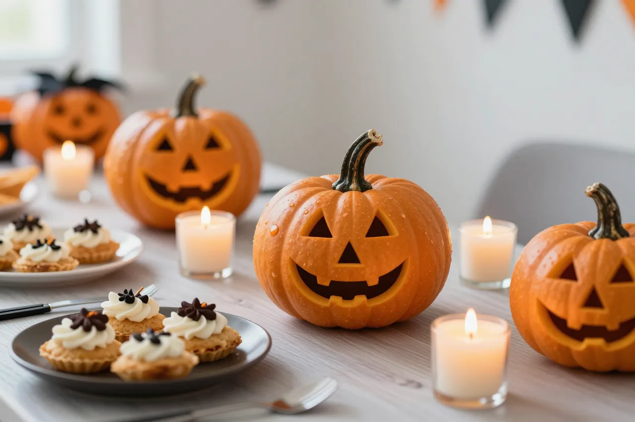 A light wood table holds carved jack-o'-lanterns, lit candles, and festive mini treats for a Halloween gathering
