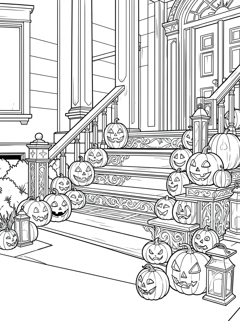 Black and white line art of a house porch staircase lined with jack-o'-lanterns and decorative lanterns