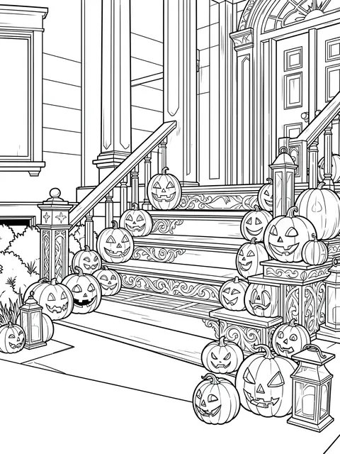 Black and white line art of a house porch staircase lined with jack-o'-lanterns and decorative lanterns
