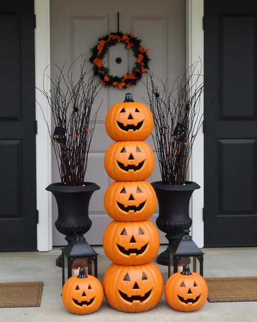 Festive Halloween front porch decor with stacked jack-o'-lanterns, black urns and a matching door wreath