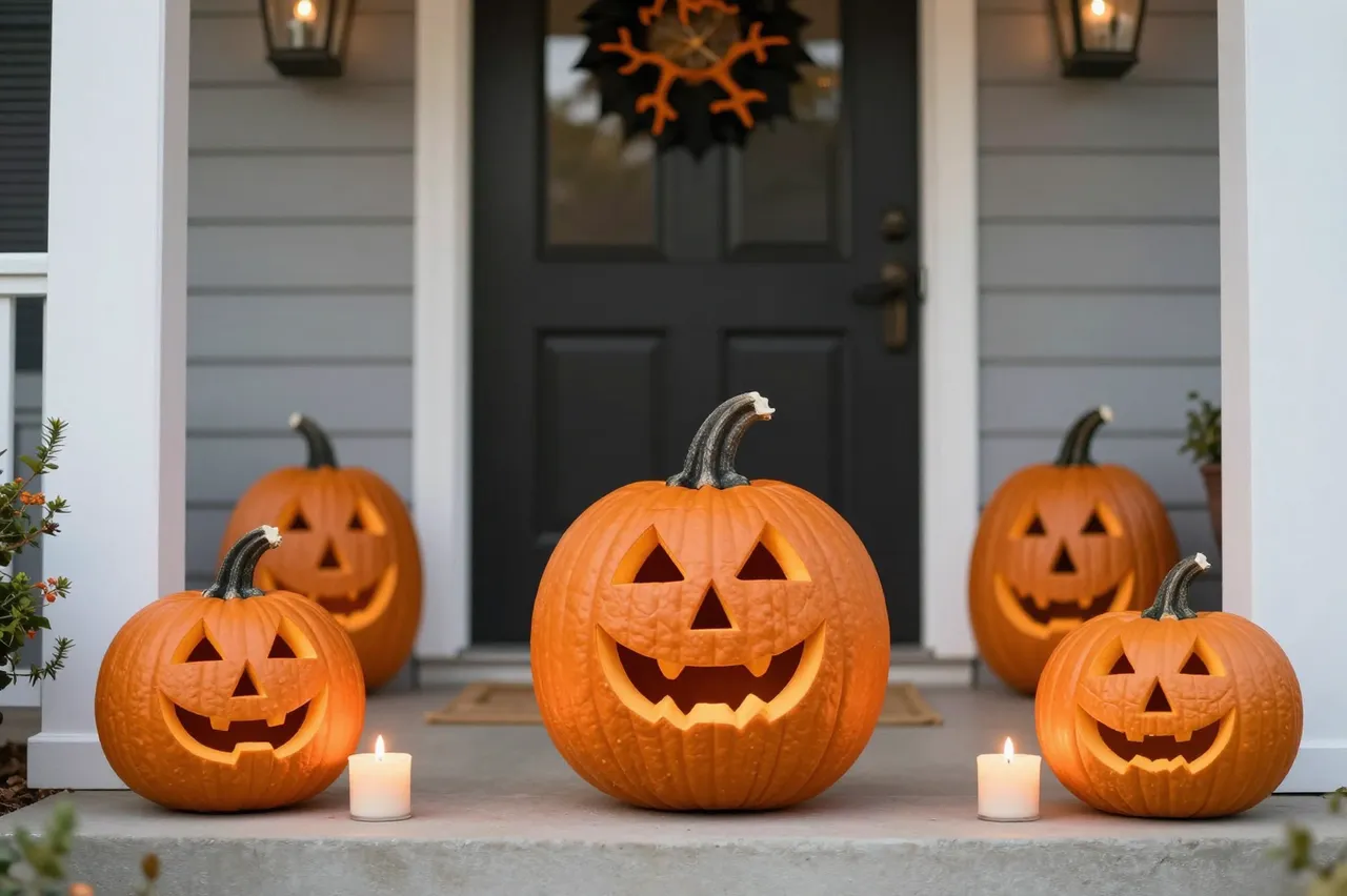 Lit carved jack-o'-lanterns and candles decorate a home front porch for Halloween