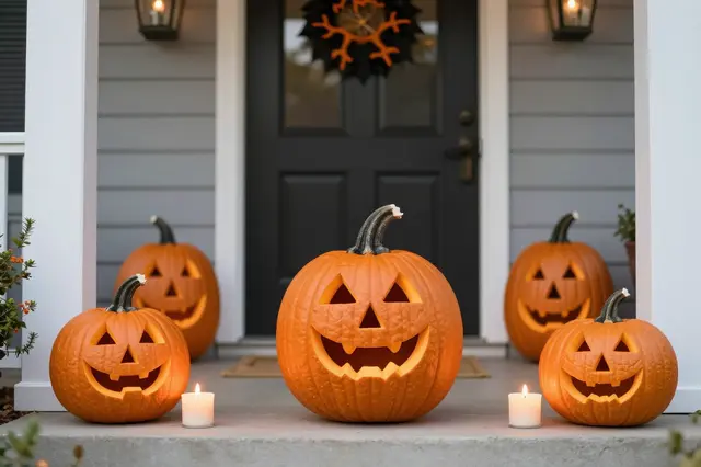 Lit carved jack-o'-lanterns and candles decorate a home front porch for Halloween