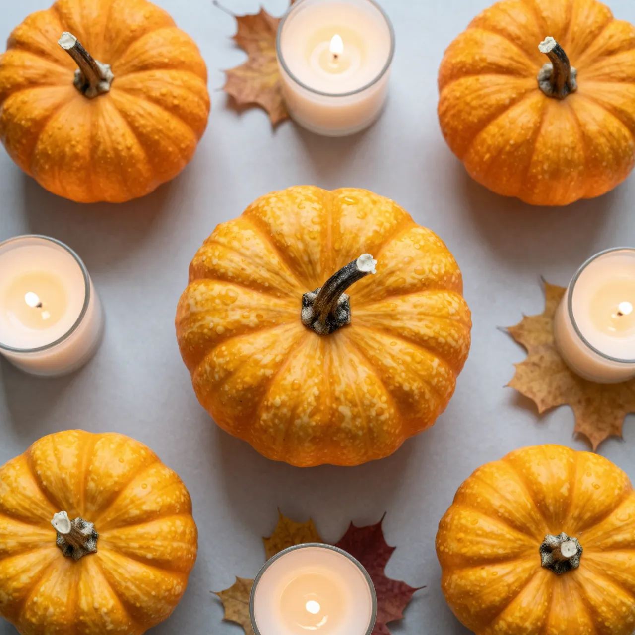 Top down view of mini pumpkins, lit tealight candles and autumn leaves arranged on a pale gray surface