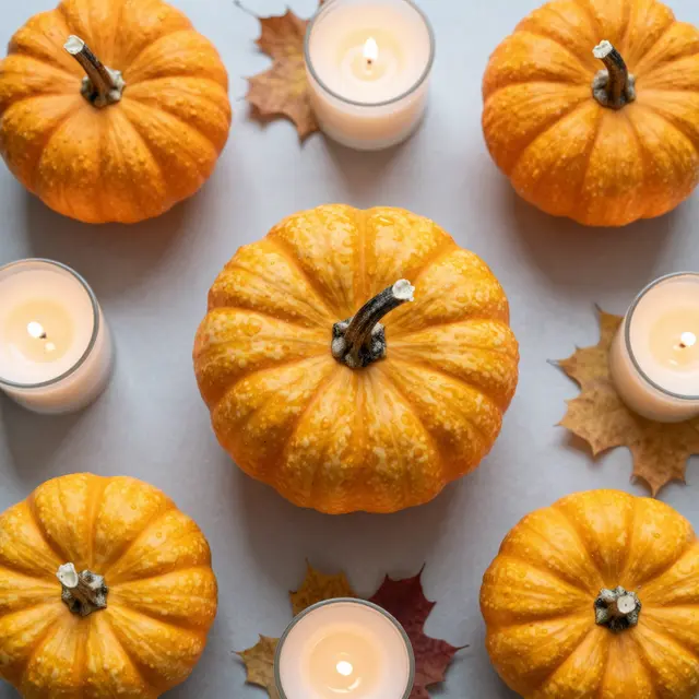 Top down view of mini pumpkins, lit tealight candles and autumn leaves arranged on a pale gray surface