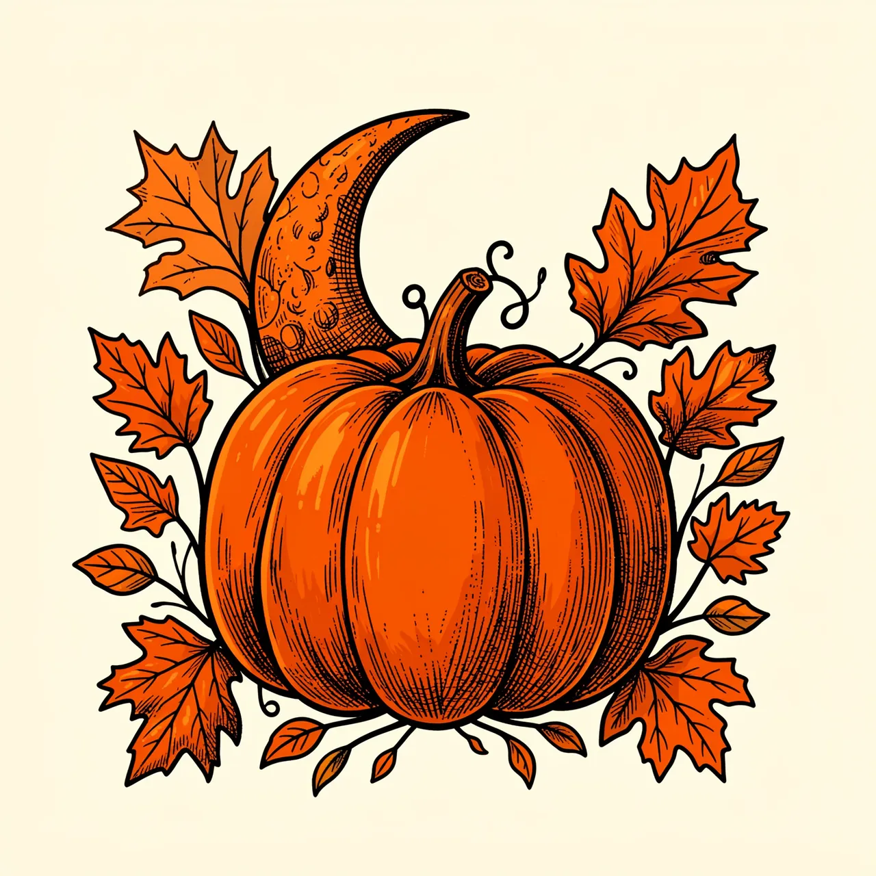 Folk art illustration of a pumpkin, crescent moon, and autumn leaves on a cream background