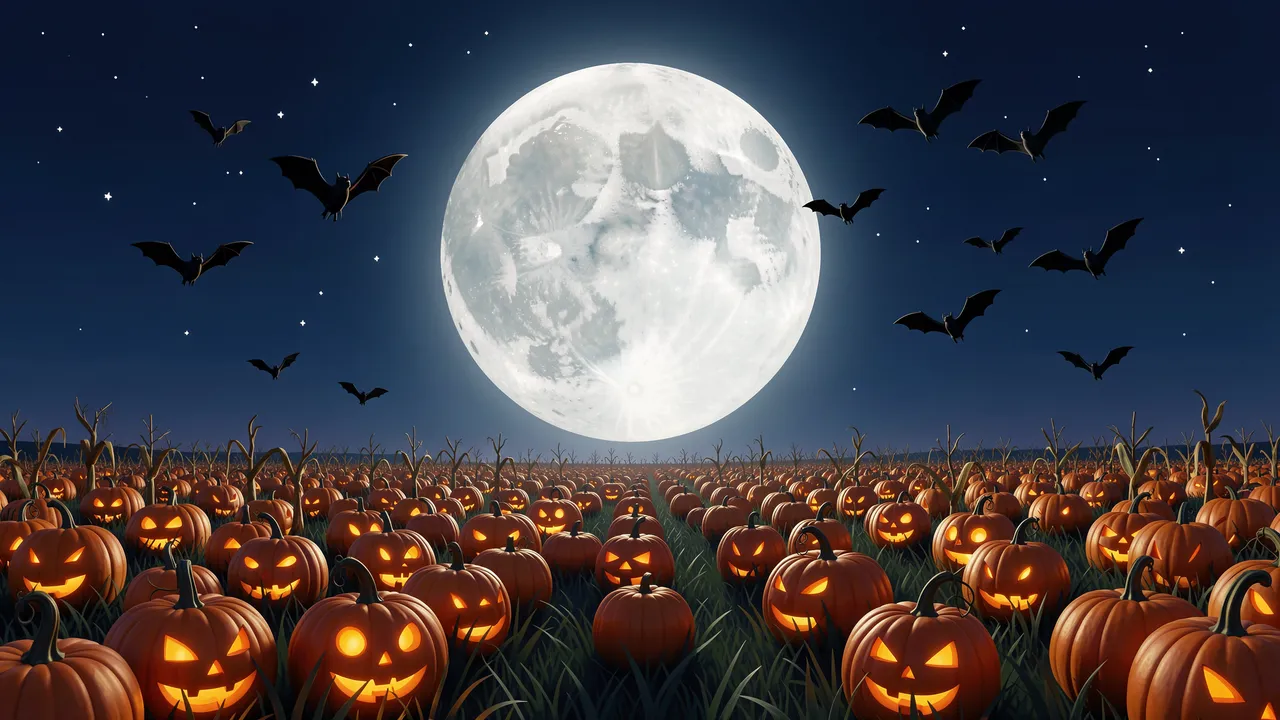 Glowing jack-o'-lanterns fill a night field under a large full moon with flying bats