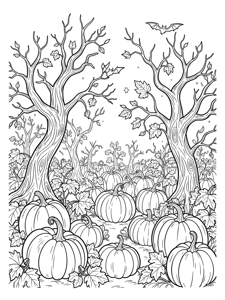 Black and white line art of an intricate pumpkin patch with crooked trees and two bats on a plain white background