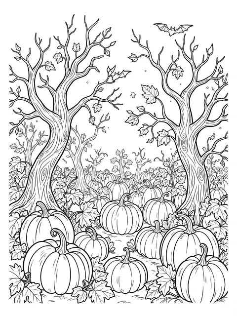 Black and white line art of an intricate pumpkin patch with crooked trees and two bats on a plain white background