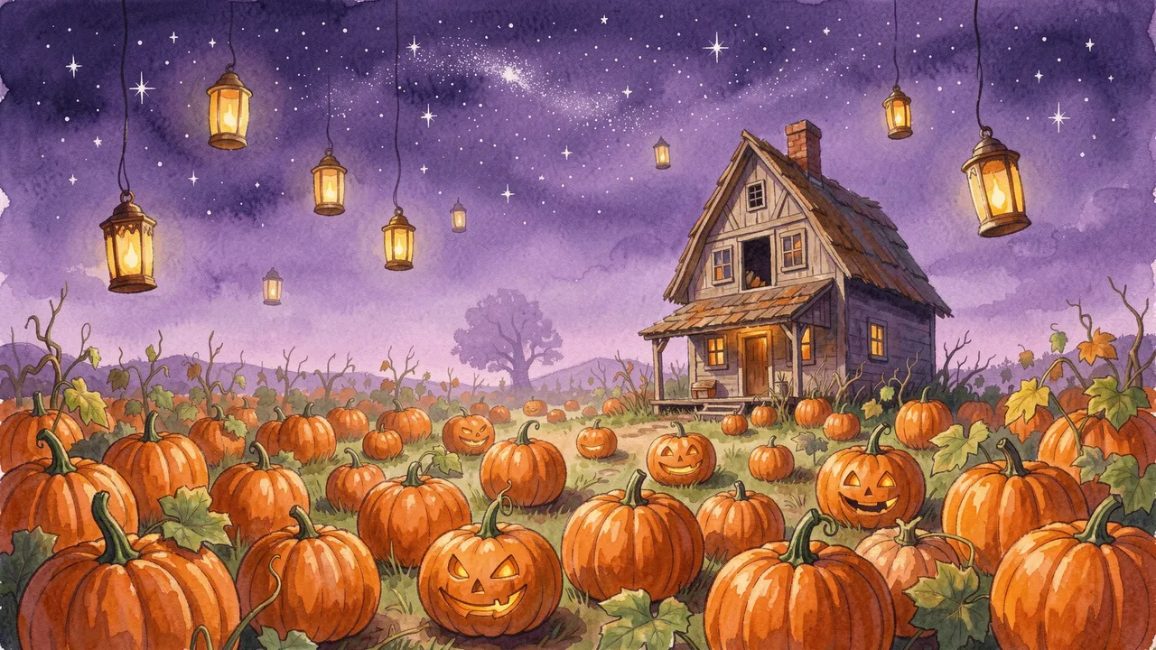 Gouache illustration of a pumpkin patch with glowing jack-o'-lanterns, a cozy farmhouse, and floating lanterns under a