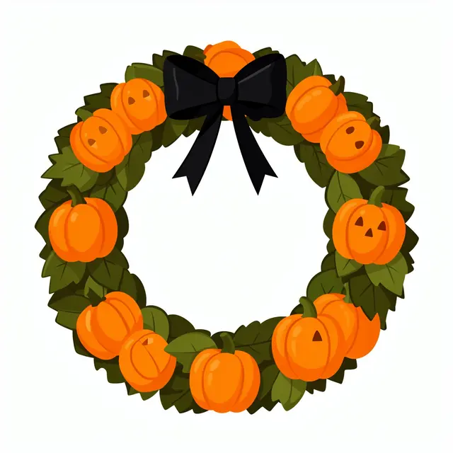 Flat cartoon Halloween wreath with orange mini pumpkins, green leaves, and a large black bow on a white background