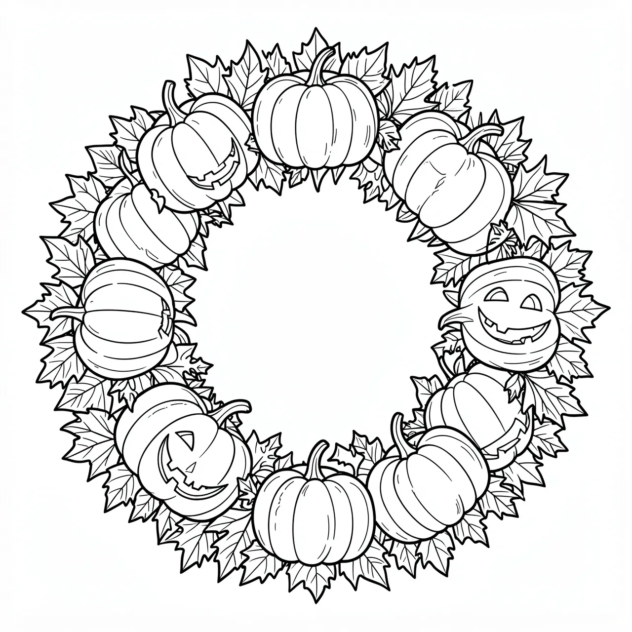 Black and white line art wreath of jack-o-lanterns, plain pumpkins, and autumn maple leaves on a white background