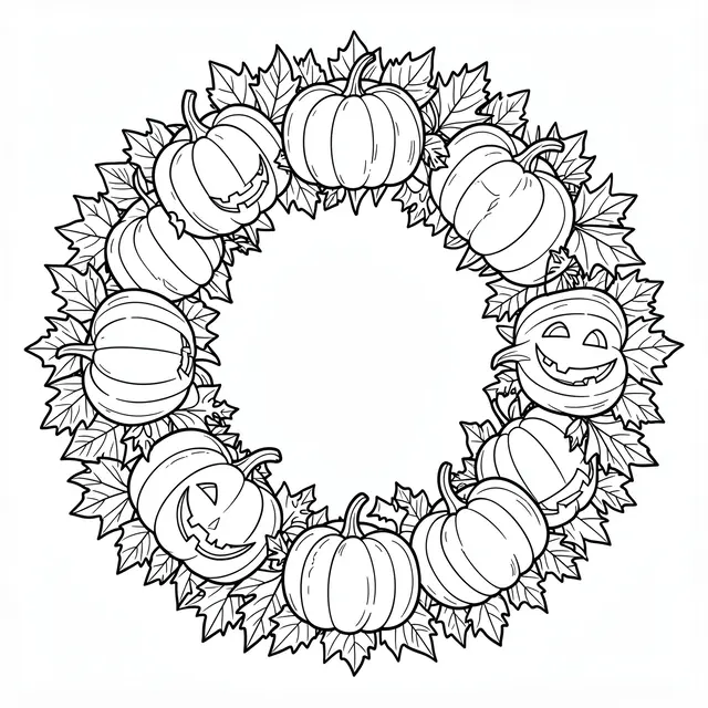 Black and white line art wreath of jack-o-lanterns, plain pumpkins, and autumn maple leaves on a white background