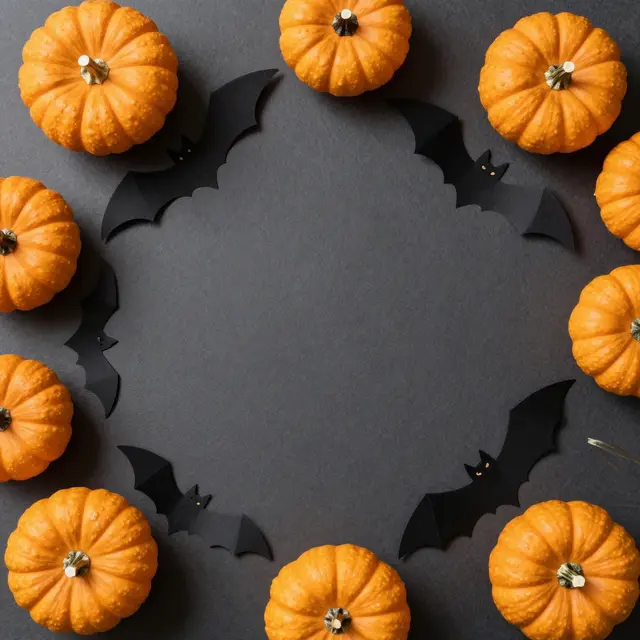 Top view of mini orange pumpkins and black paper bats arranged in a frame around empty dark gray copy space