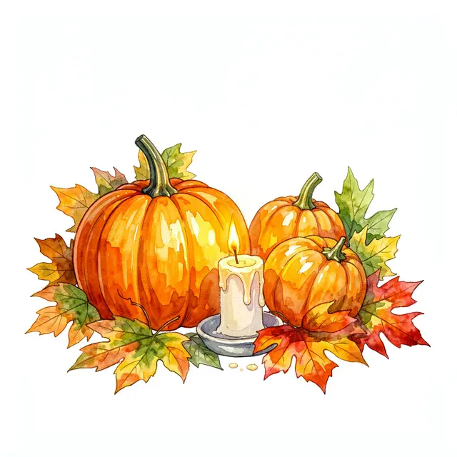 Watercolor illustration of orange pumpkins, a lit candle, and colorful fall maple leaves on a plain white background