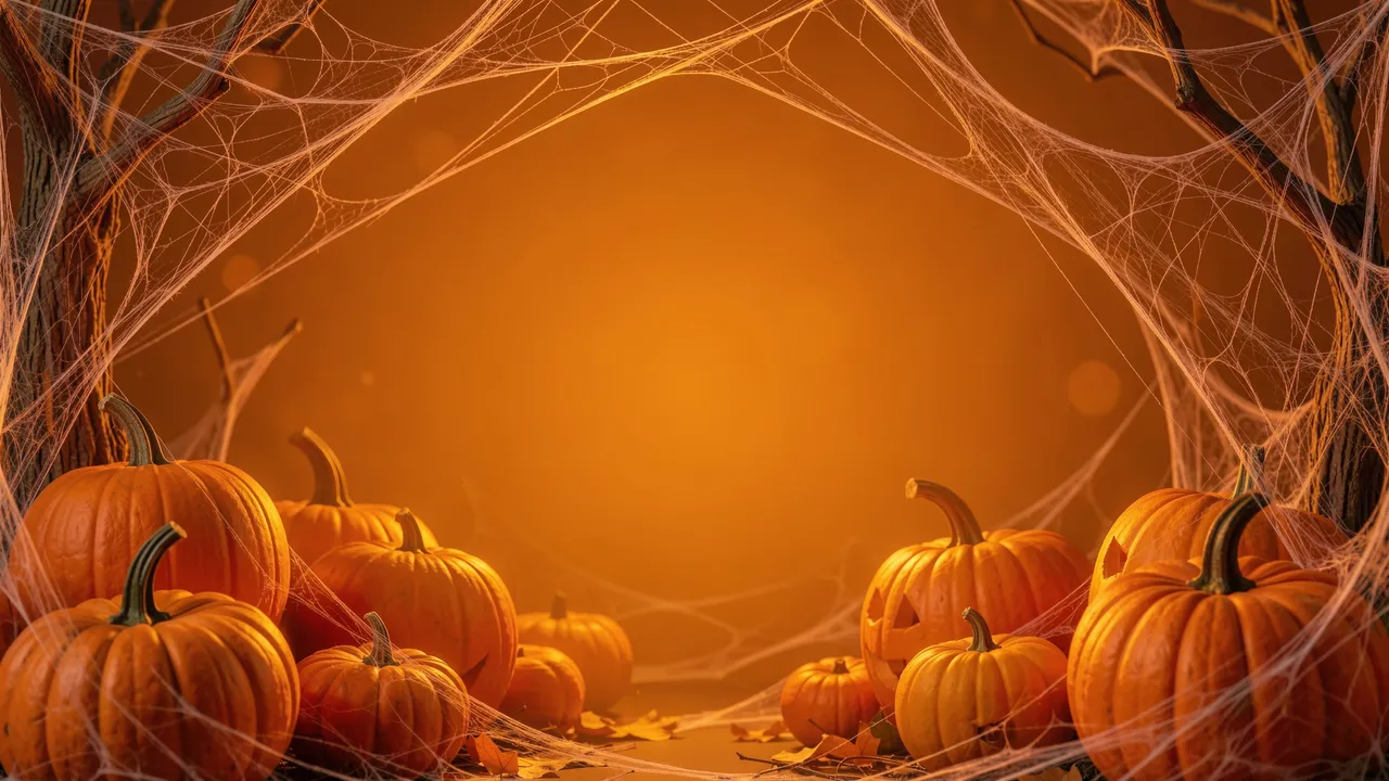 Glowing orange Halloween background framed by pumpkins, cobwebs and bare trees with empty central copy space