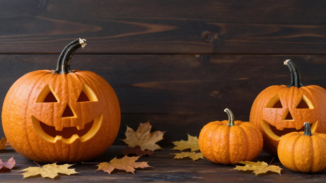 Carved jack-o'-lanterns and small pumpkins rest with autumn leaves on dark wooden planks with empty upper copy space