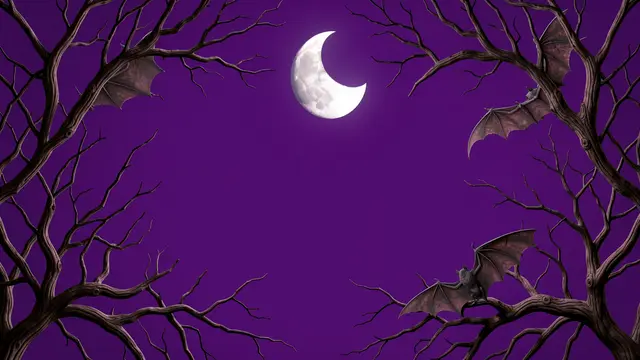A decorative Halloween frame of bare twisted branches, bats, and a crescent moon around an empty purple center.