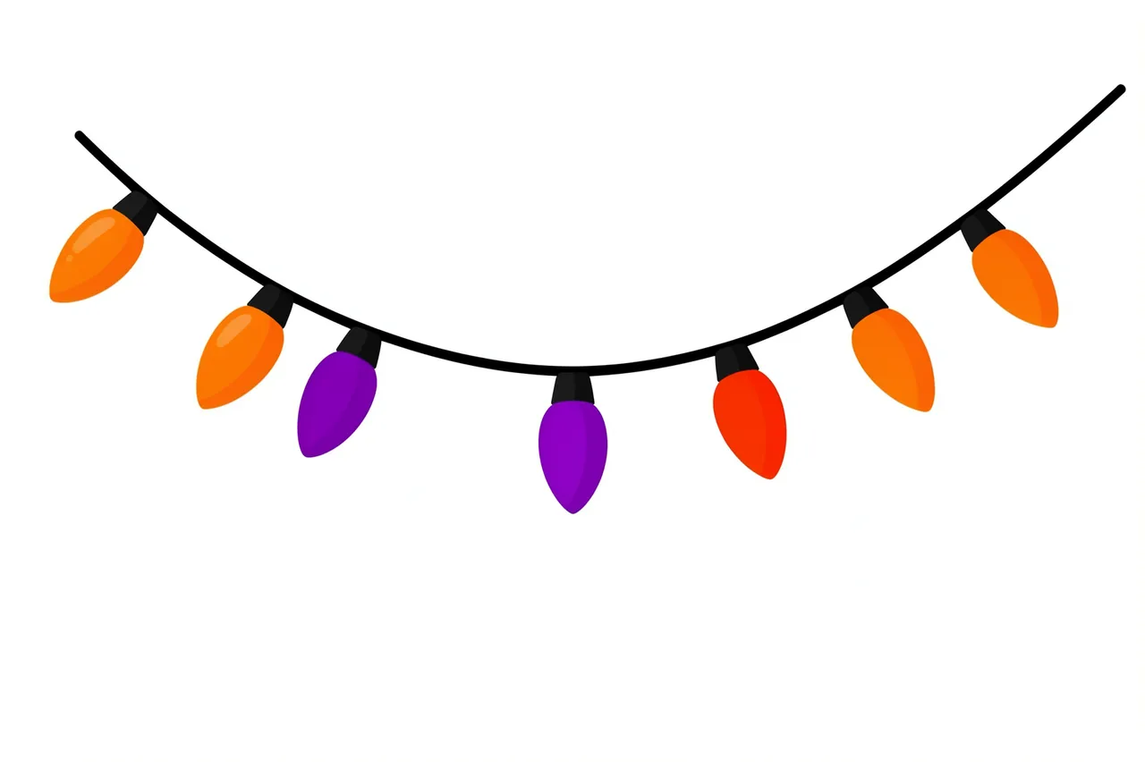 Curved strand of alternating orange and purple Halloween string lights isolated on a plain white background