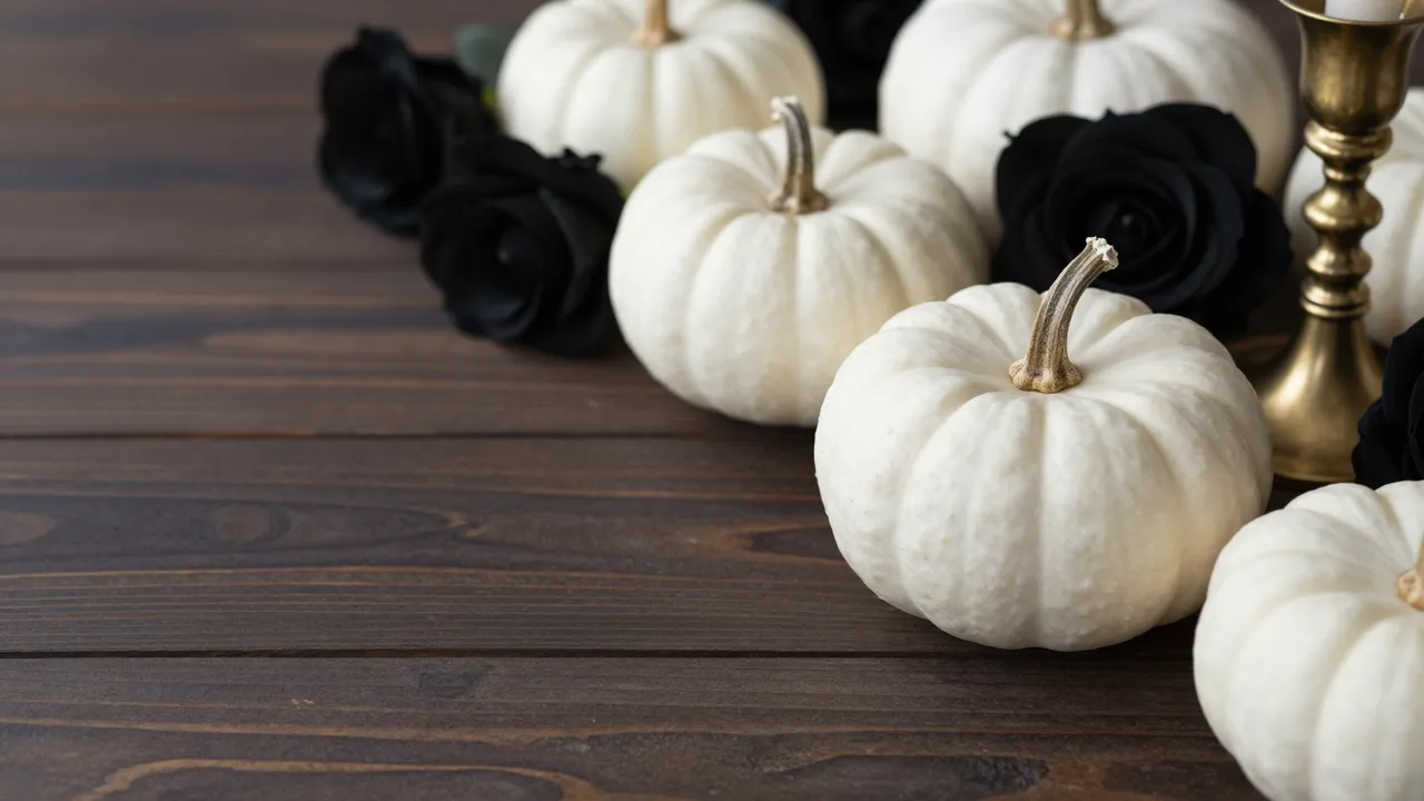 White pumpkins, black roses, and a brass candlestick sit on the right of a dark wooden table with empty left copy space