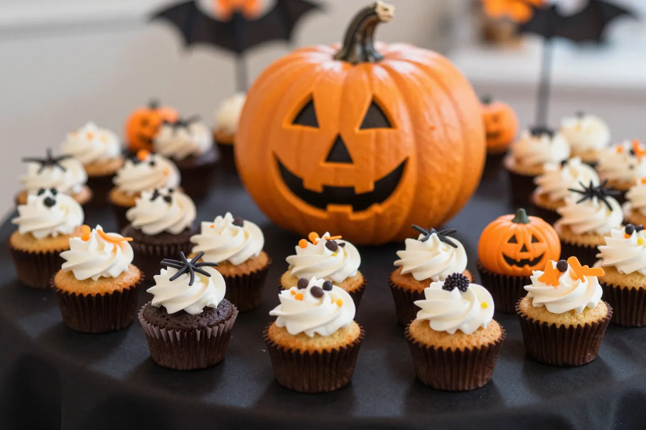A black table holds decorated Halloween cupcakes surrounding a carved jack-o'-lantern centerpiece with festive bat