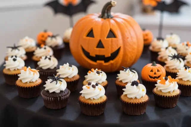 A black table holds decorated Halloween cupcakes surrounding a carved jack-o'-lantern centerpiece with festive bat