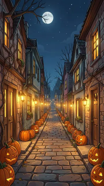 A cobblestone village lane lined with jack-o'-lanterns glows under a full moon on Halloween night
