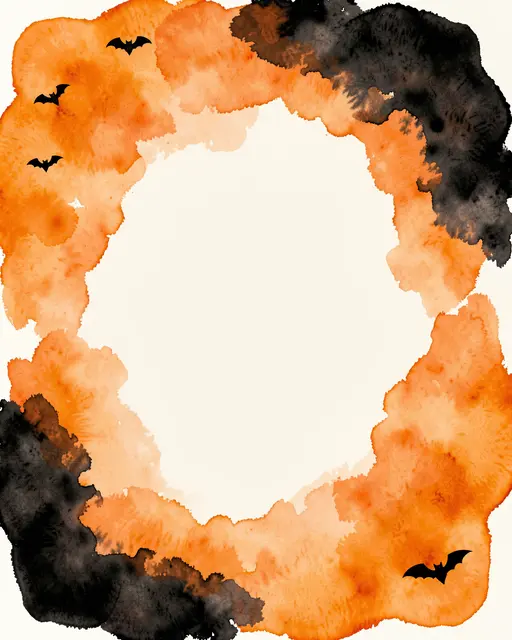 Orange and black watercolor Halloween border with small bat silhouettes surrounding a pale empty center