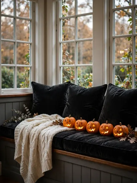 Cozy window seat with black velvet cushions, cream knit throw and lit jack-o'-lanterns overlooking autumn trees