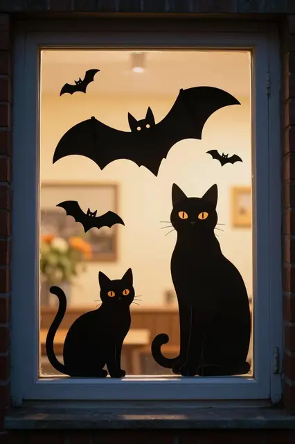 Black paper cat and bat silhouettes decorate a warmly glowing house window at night seen from outside