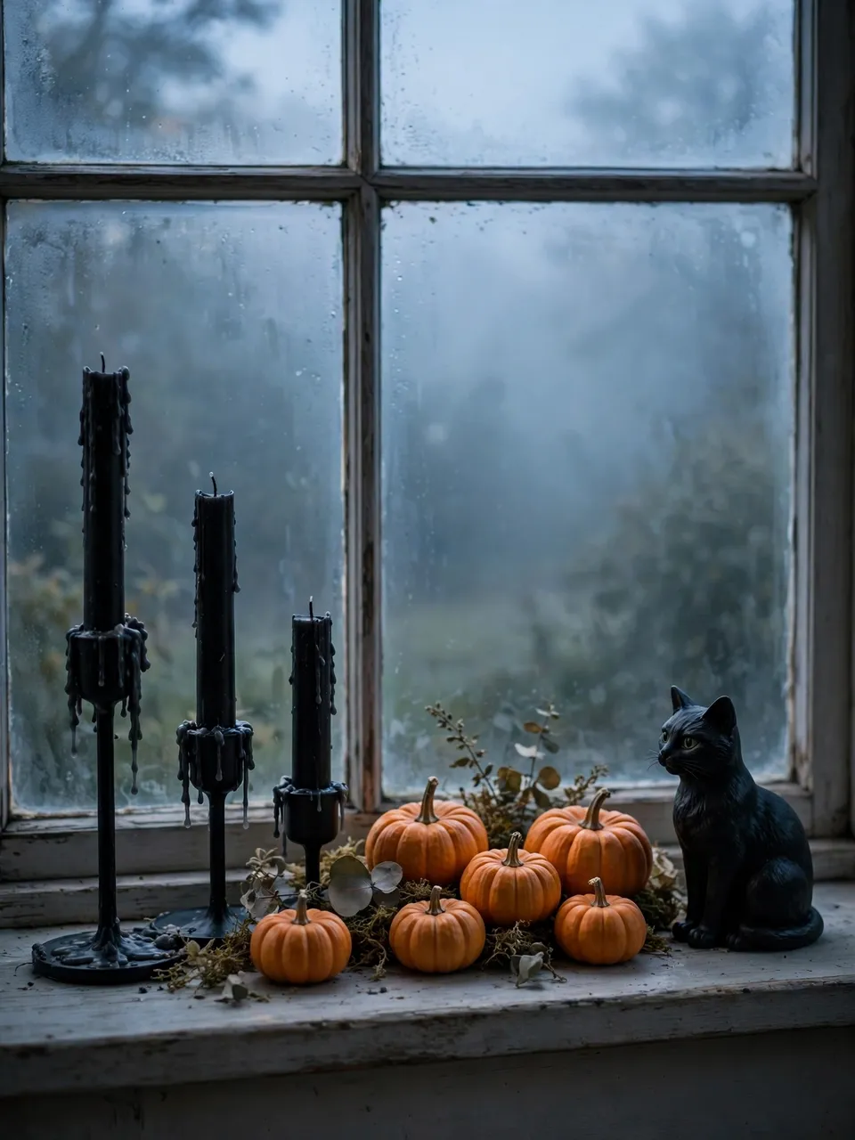 Halloween decor with black candles, mini pumpkins and a cat figurine sits on a foggy dusk windowsill