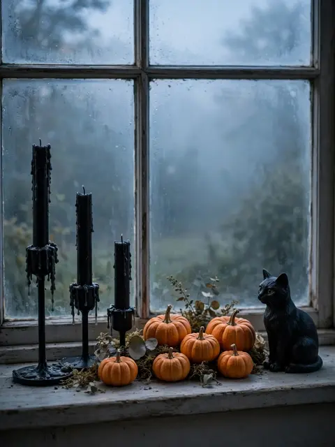 Halloween decor with black candles, mini pumpkins and a cat figurine sits on a foggy dusk windowsill