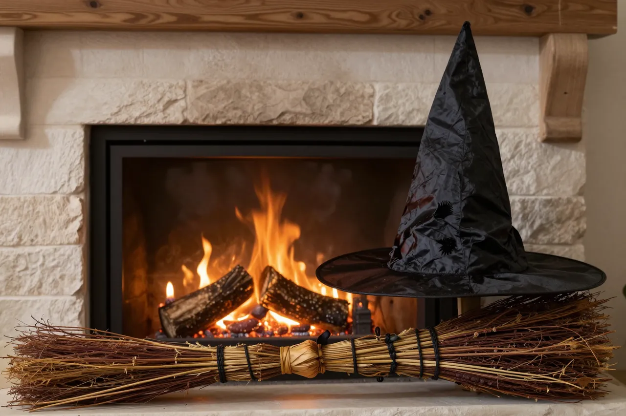 Black witch hat resting on a straw broom set on a lit stone fireplace mantel