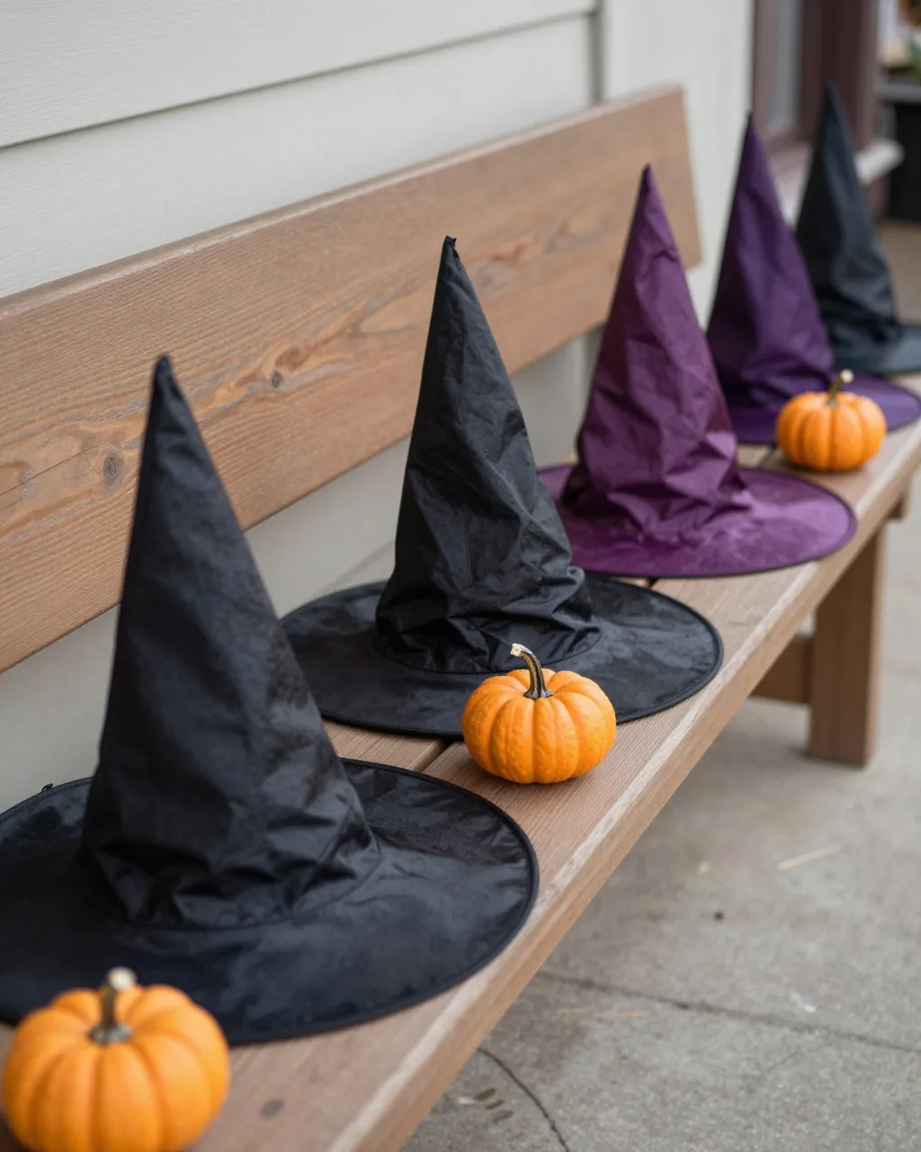 Black and purple witch hats and small pumpkins arranged in a row on a wooden outdoor bench