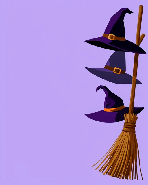 Three stacked witch hats and a broom sit along the right edge of a solid lilac background with empty left copy space