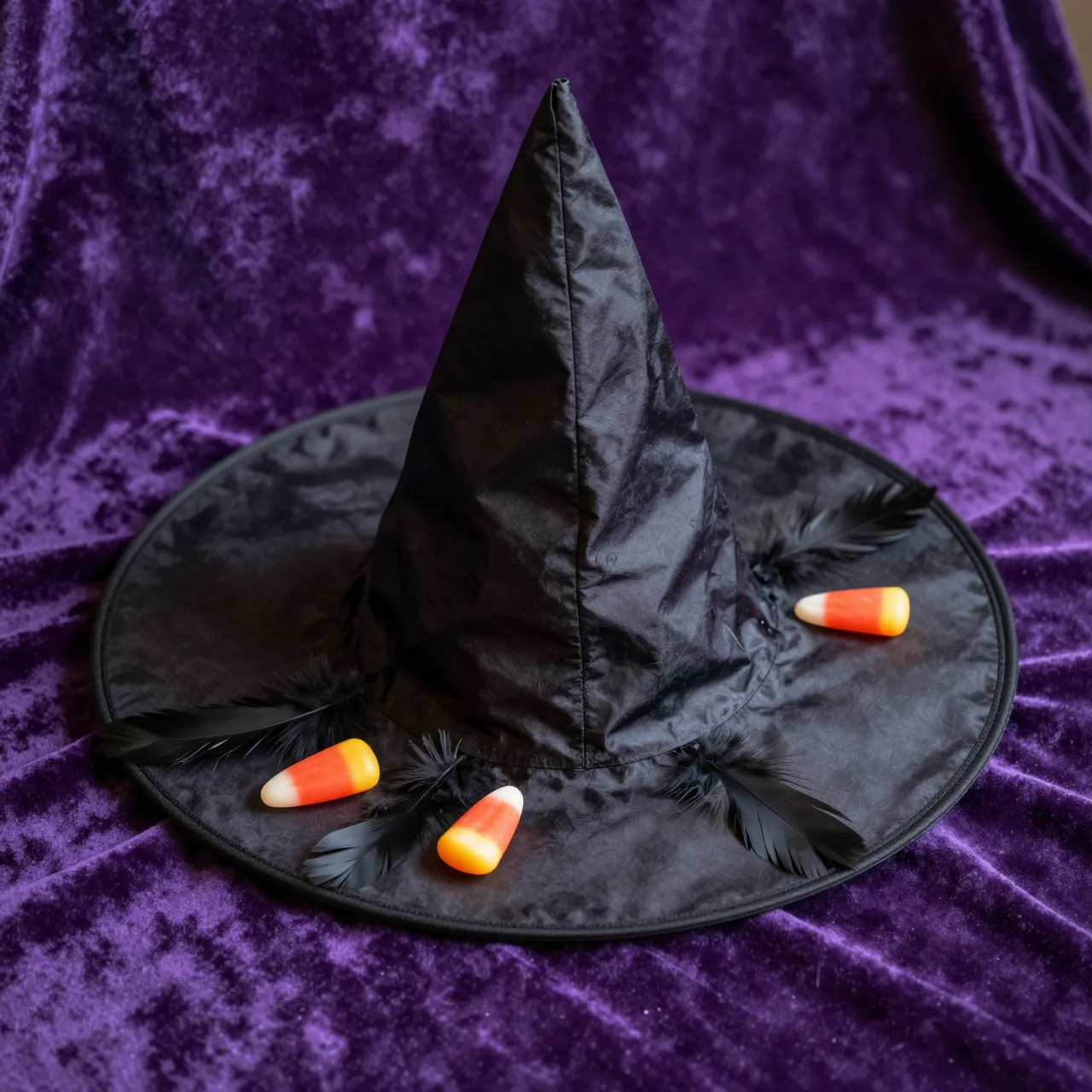 Black witch hat decorated with feathers and candy corn rests on purple velvet fabric