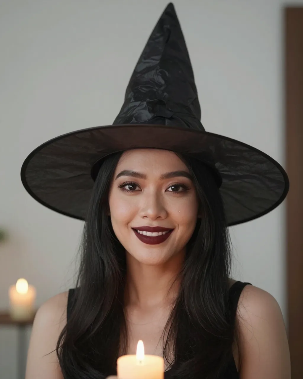 Smiling Southeast Asian woman in a black witch hat holds a lit candle