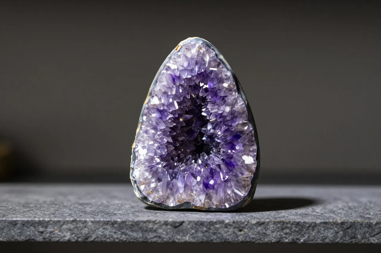 A cut amethyst geode stands upright on a dark textured stone shelf lit by soft side light.