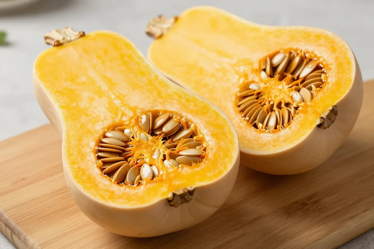 Two halved butternut squash with exposed seeds sit on a light wooden cutting board
