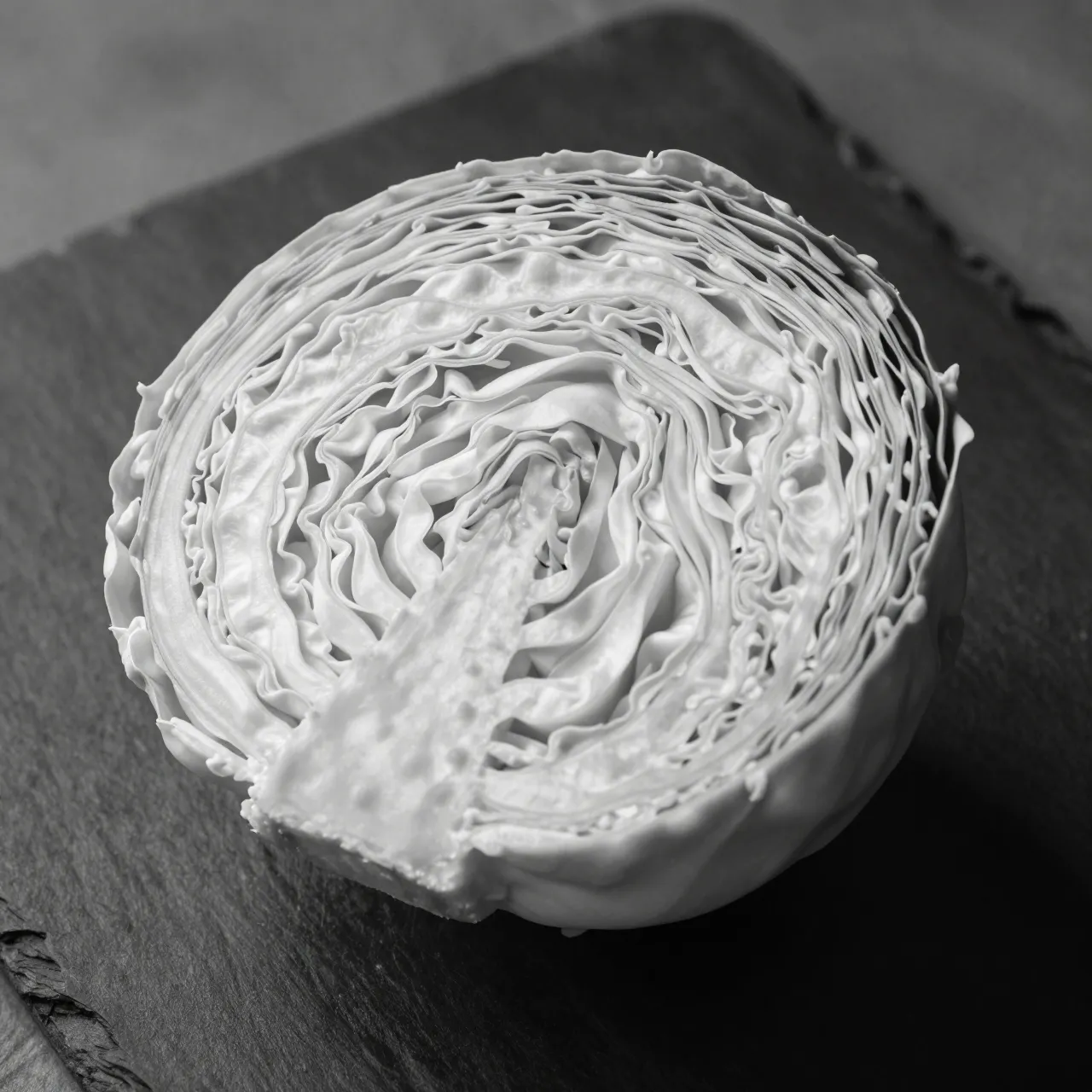 Black and white close-up of a halved cabbage resting on a dark slate board
